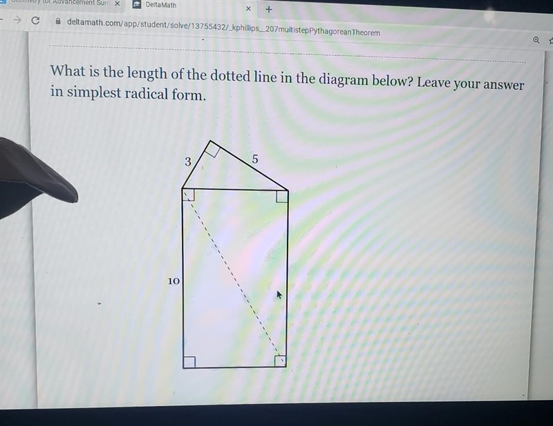 What is the length of the dotted line in the diagram below? Leave your answer in simplest-example-1