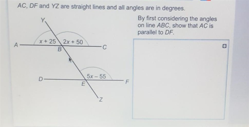 By first considering the angles on line abc show that ac is parallel to df​-example-1