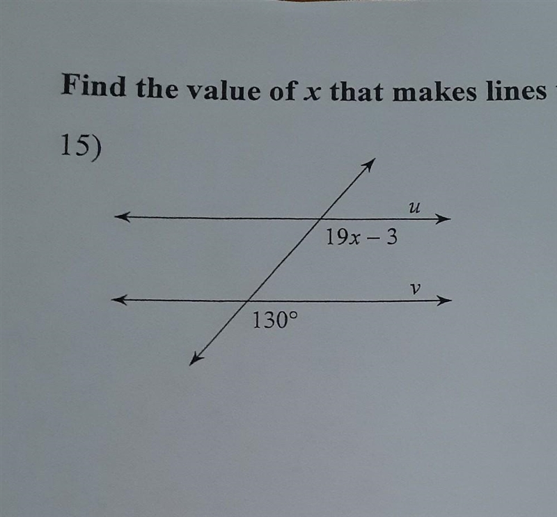 Find the value of x that makes lines u and y parallel. ​-example-1