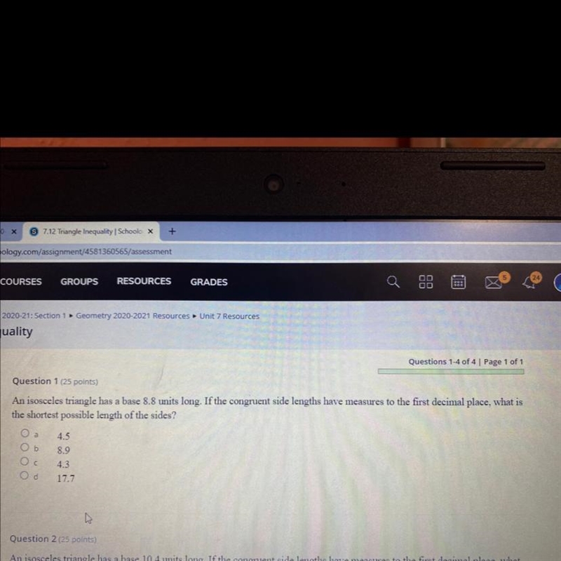 Question 1 (25 points) An isosceles triangle has a base 8.8 units long. If the congruent-example-1