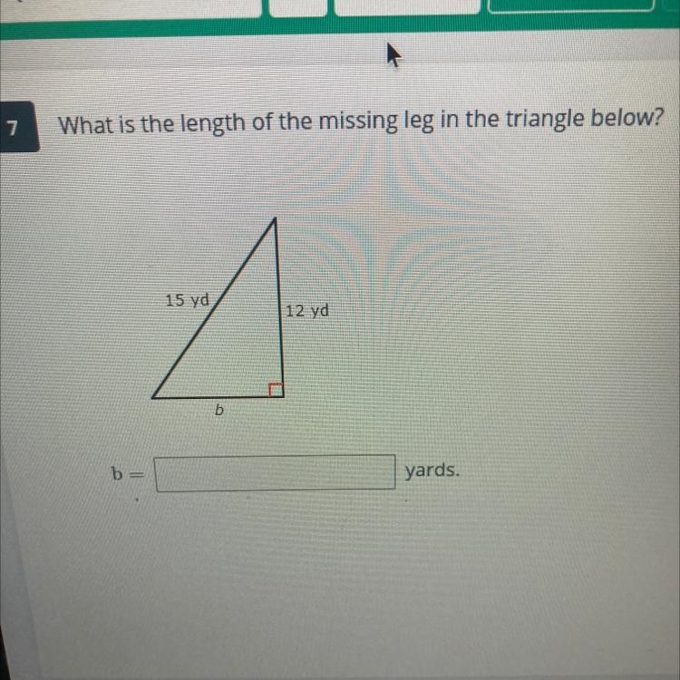 What is the length of the missing leg in the triangle below? 15yards 12yards-example-1