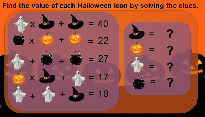 What are the values of each Halloween icon? (Math Logic Puzzles)-example-1