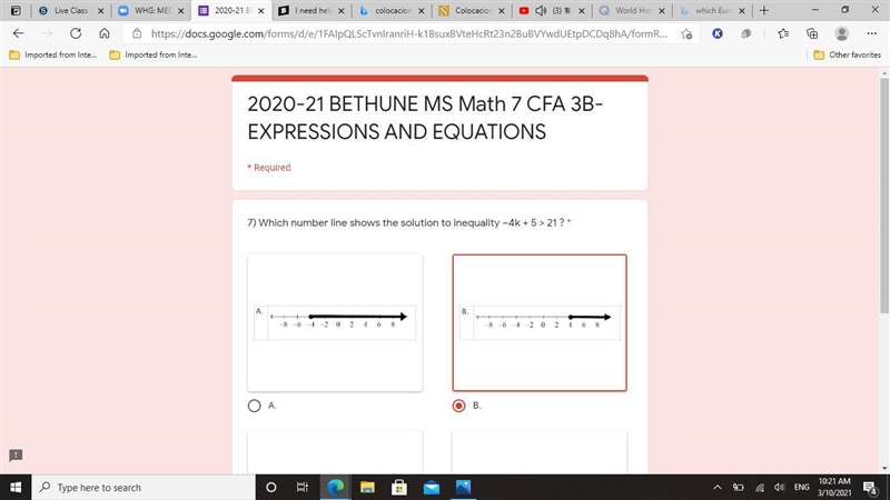 7) Which number line shows the solution to inequality –4k + 5 > 21 ? *-example-1