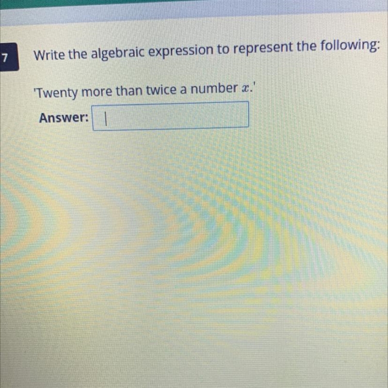 Write the algebraic expression to represent the following: 'Twenty more than twice-example-1