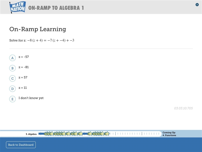 Solve for z:−8(z+4)=−7(z+−4)+−3-example-1