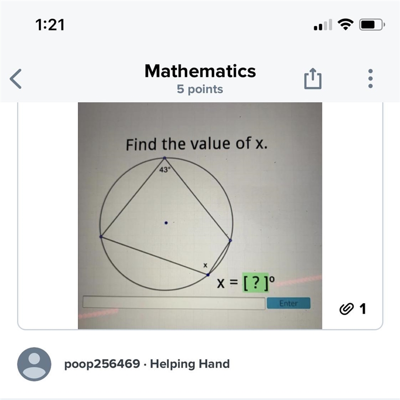 Find the value of x. 43 degrees-example-1