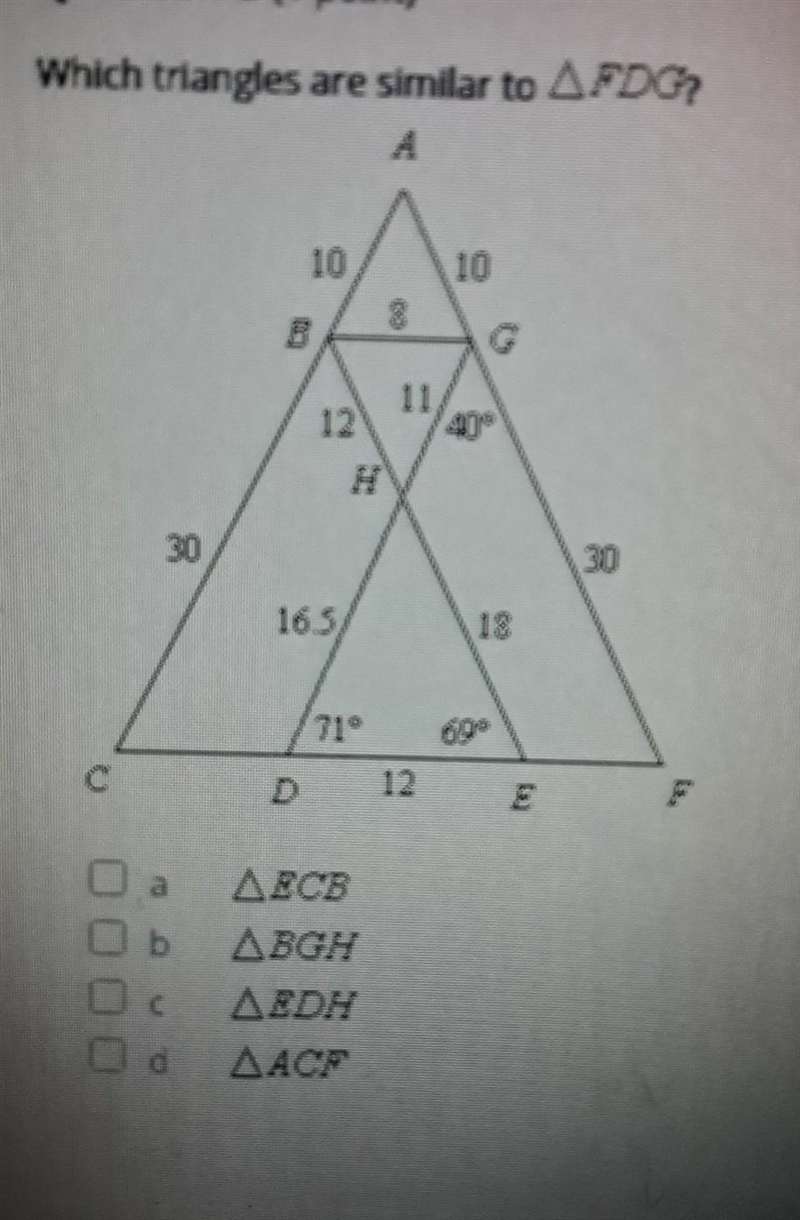 Which triangles are similar to triangle FDG? Help me asap​-example-1