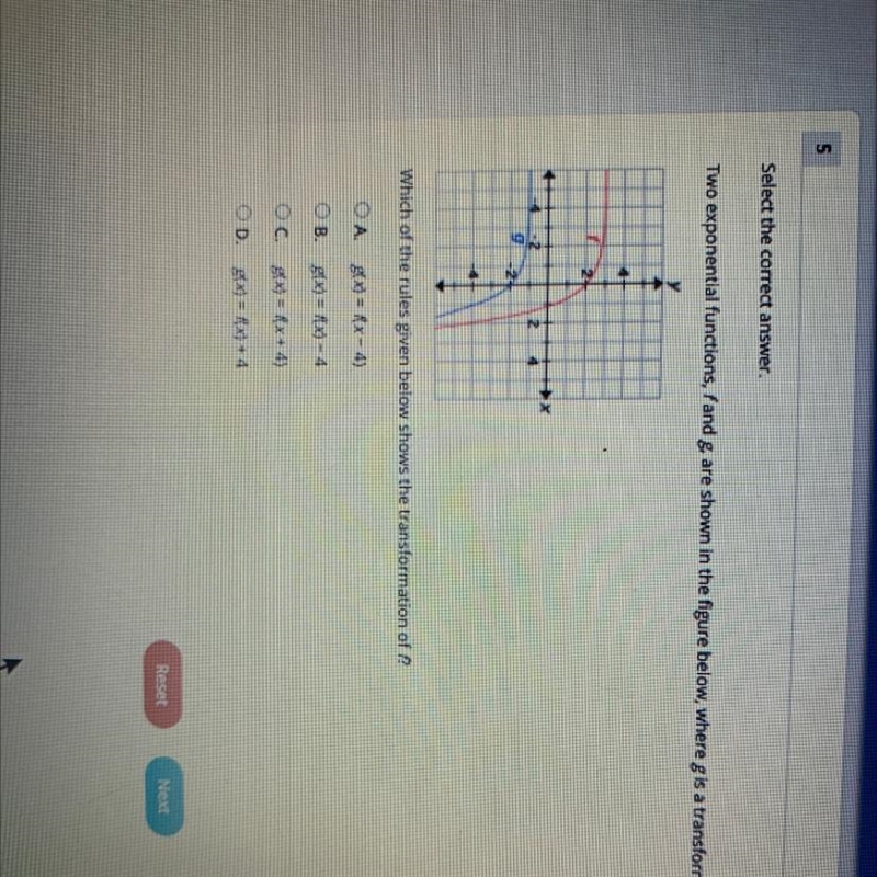 Two exponential functions, F and G, are shown in the figure below where G is a transformation-example-1