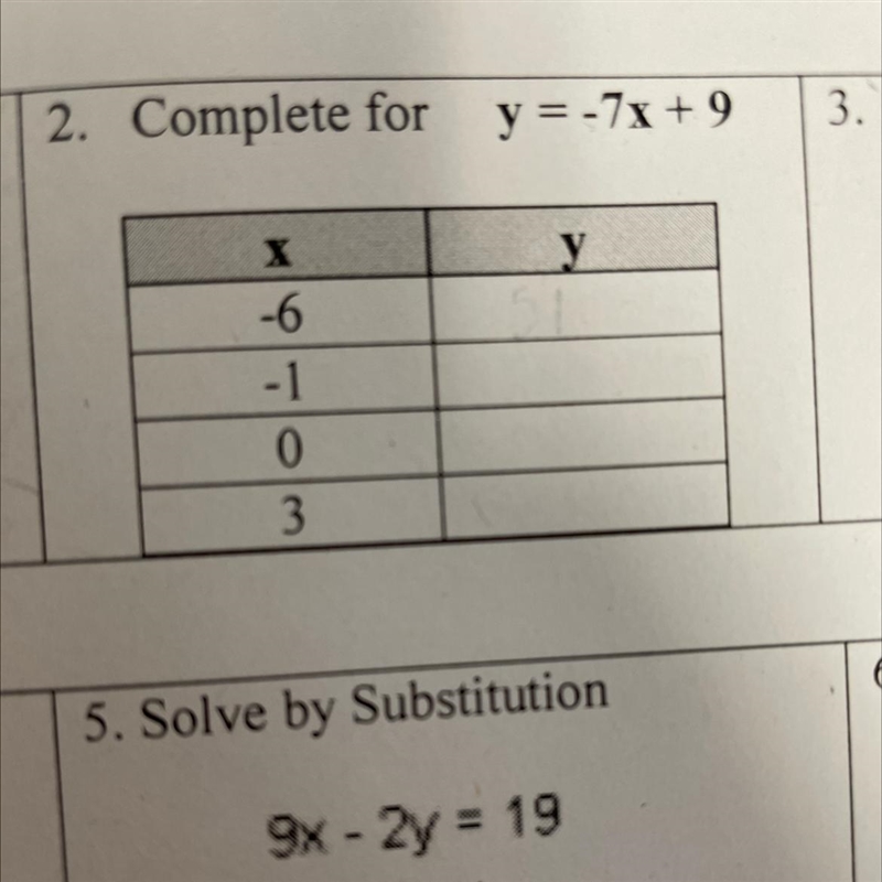 Pls help complete for y=-7x +9 how do I do this-example-1