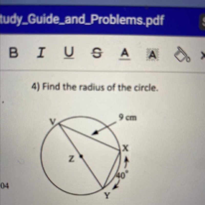 Find the radius of the circle. Please show work, thank you-example-1