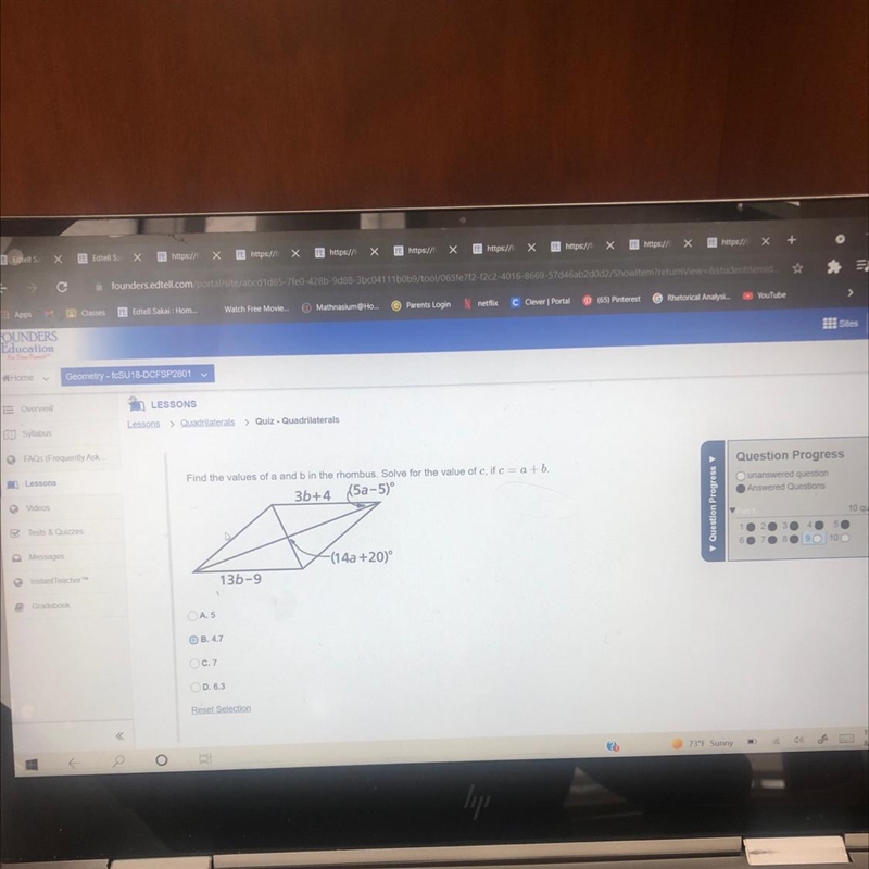 Sons Find the values of a and b in the rhombus, Solve for the value of c, it ca tb-example-1