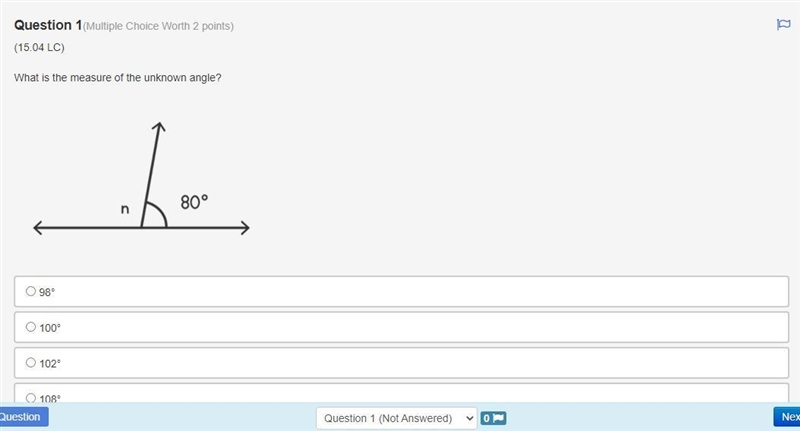 PLAESE HELPPPPPPPP What is the measure of the unknown angle? A. 98 B. 100 C. 102 D-example-1