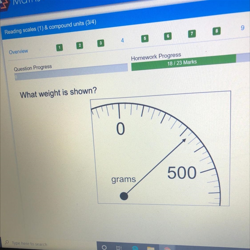 What weight is shown? 0 500 grams-example-1