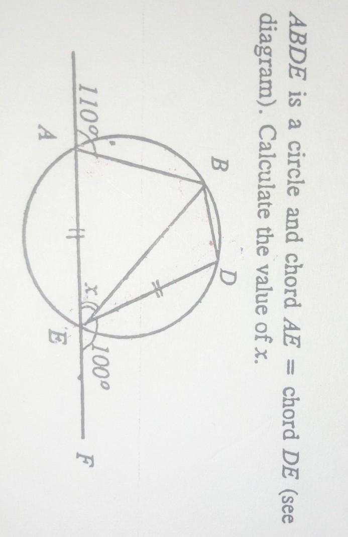 27. ABDE is a circle and chord AE = chord DE (see diagram). Calculate the value of-example-1