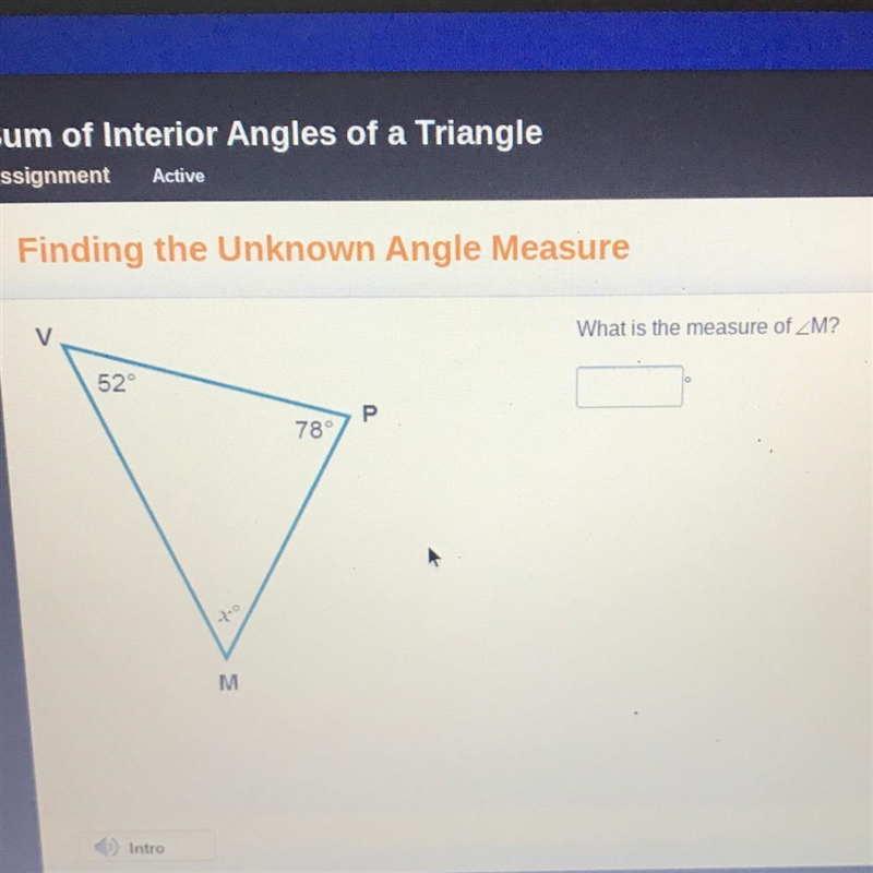 Assignment Active Finding the Unknown Angle Measure What is the measure of M? v 52 1 P-example-1