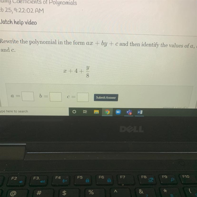 Rewrite the polynomial in the form ax + by + c and then identify the values of a, b-example-1