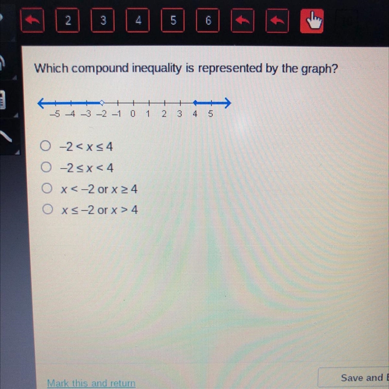 Which compound inequality is represented by the graph? (A.) -2 (B.) -2_ (C.) x&lt-example-1