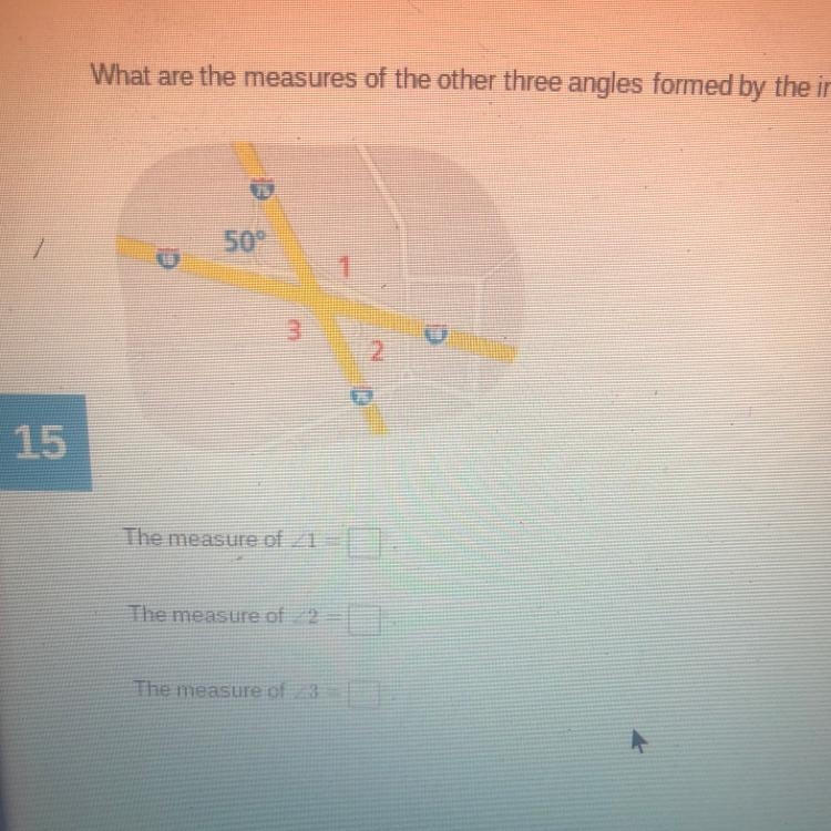 What are the measures of the other three angles formed by the intersection?-example-1