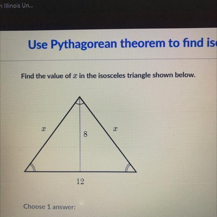 Find the value of x in the isosceles triangle shown below. I 2 8 12-example-1