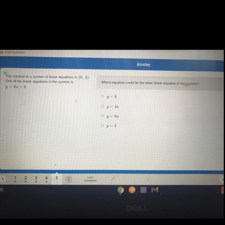 The solution to a system of linear equations is (0, 4). One of the linear equations-example-1