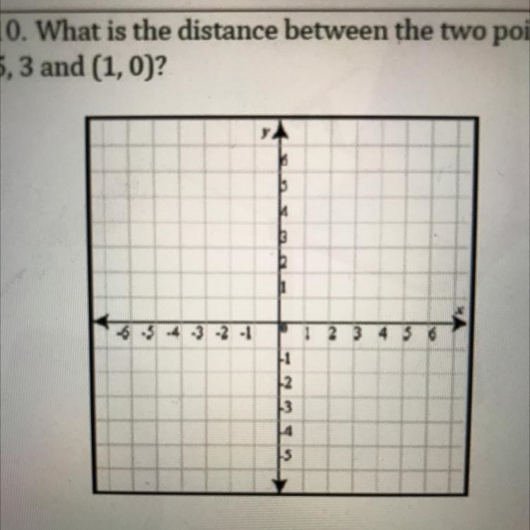 What is the distance between the two points 5,3 and (1,0)?-example-1