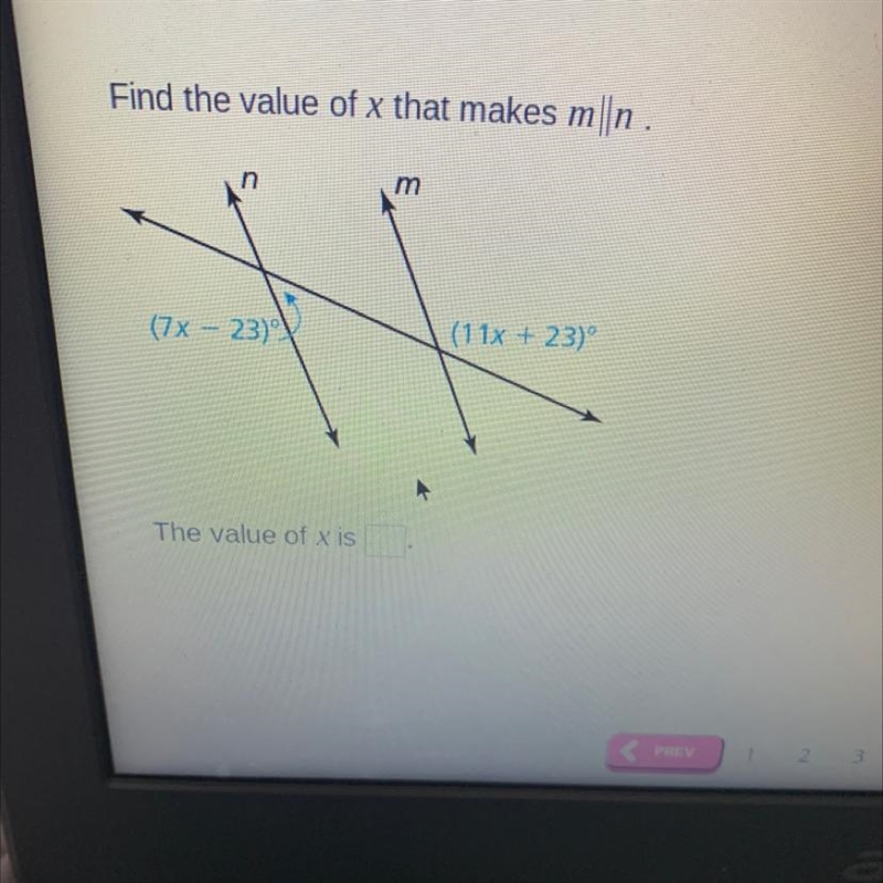 Find the value of x that makes m||n. (7x - 23) (11x + 23)-example-1