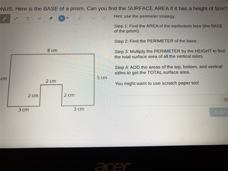 Can you find the surface area if it has a height of 5cm.-example-1