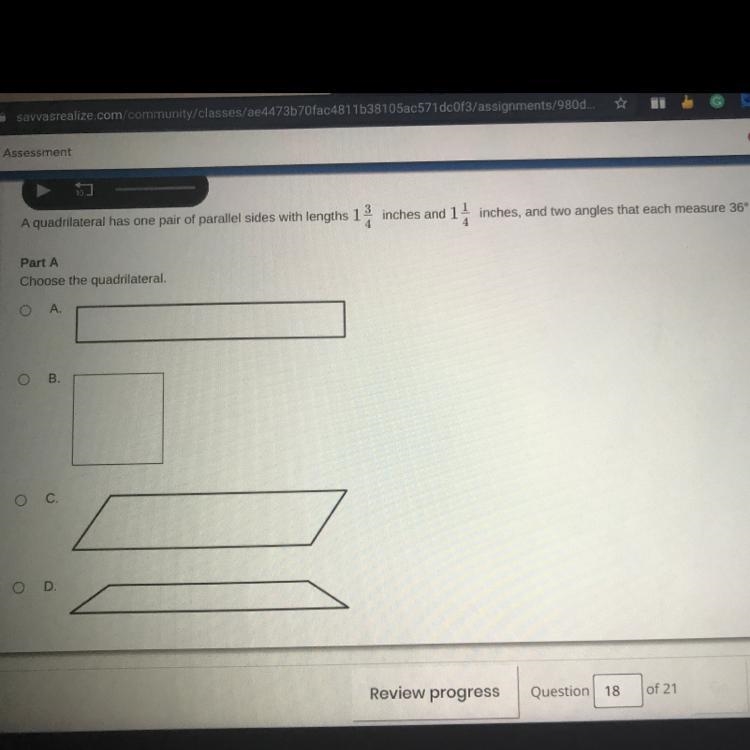 A quadrilateral has one pair of parallel sides with lengths 1 3/4 inches and 1 1/4 inches-example-1