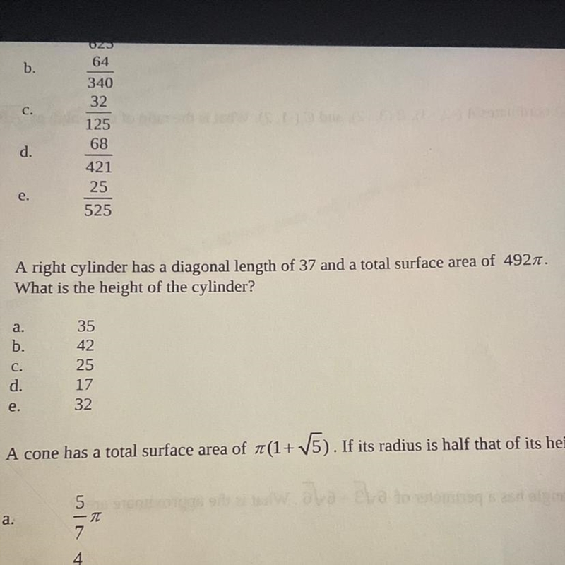 A right cylinder has a diagonal length of 37 and a total surface area of 492. What-example-1