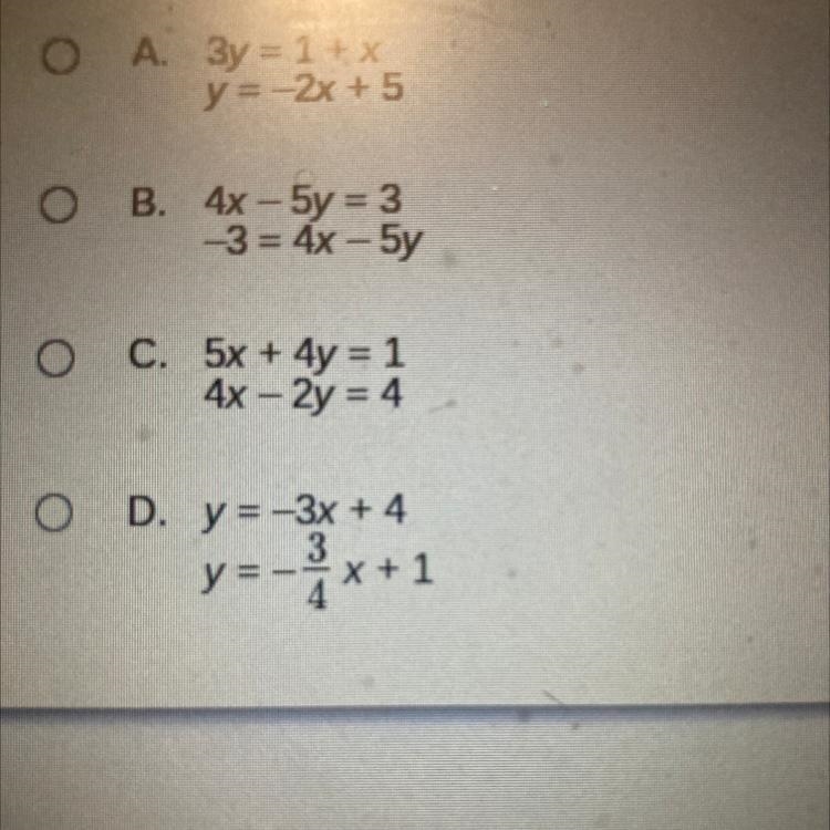 Which system of equations has no solutions?-example-1