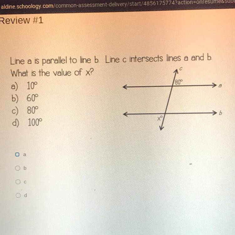 C Line a is parallel to line b. Line c intersects lines a and b. What is the value-example-1