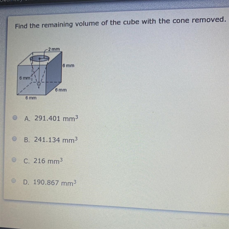 Find the remaining volume of the cube with the cone removed.-example-1