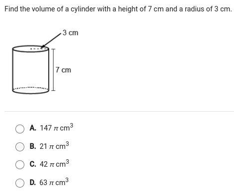 Find the volume of a cylinder with a height of 7 cm and a radius of 3 cm.-example-1