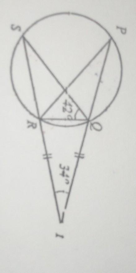 In the figure below, PQT and SRT are straight lines and IQT| = RT|. Find QPR. P ​-example-1