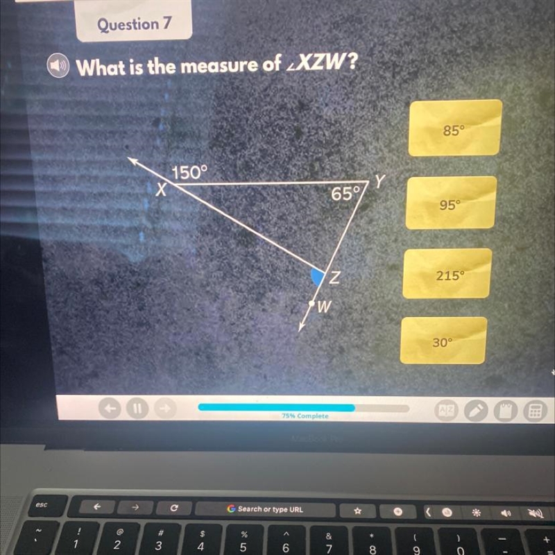 What is the measure of LXZW? 850 150° Y 65° 95 Z 215° W 30°-example-1