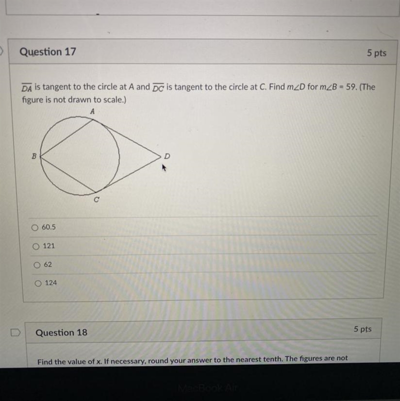 DA is tangent to the circle at A and DC is tangent to the circle at C. Find m2D for-example-1