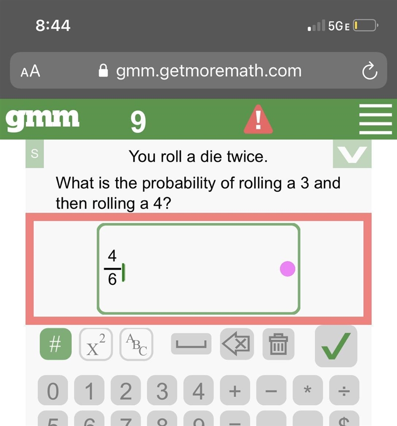 You roll a die twice. What is the probability of rolling a 3 and then a 4?-example-1