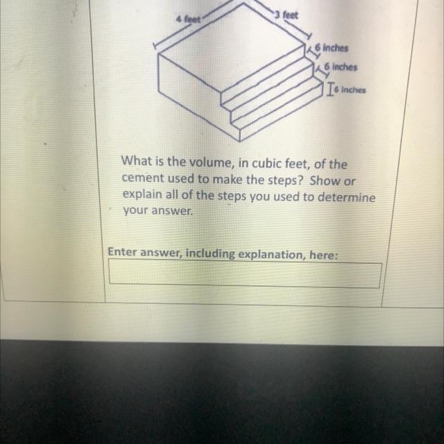 3 feet 4 feet inches 6 inches Is Inches What is the volume, in cubic feet, of the-example-1