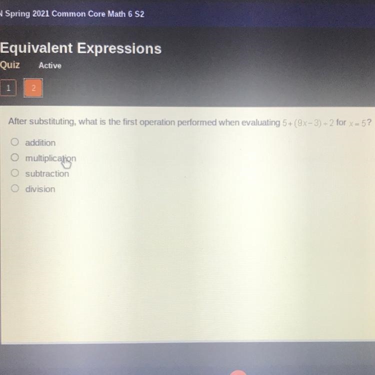 After substituting, what is the first operation performed by hen evaluating 5+(9x-example-1