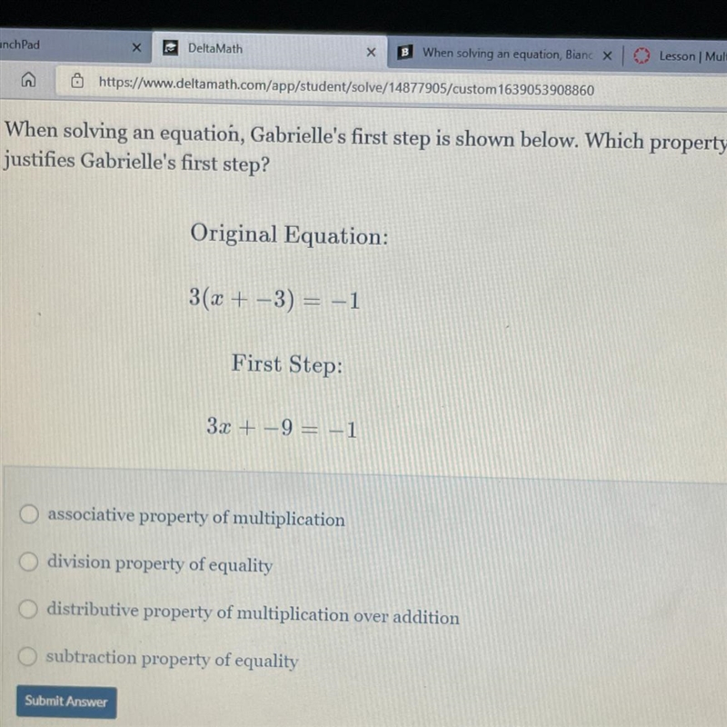 When solving an equation, Gabrielle's first step is shown below. Which property justifies-example-1