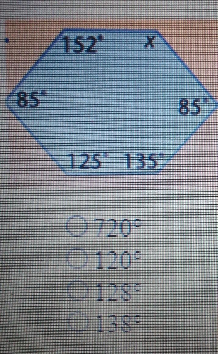 14. What is the value of the missing angle? (1 point) 720° 120° 128° 138°​-example-1