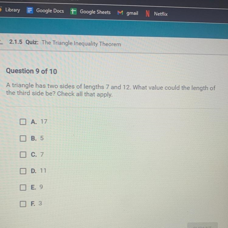 A triangle has two sides of lengths 7 and 12. What value could the length of the third-example-1