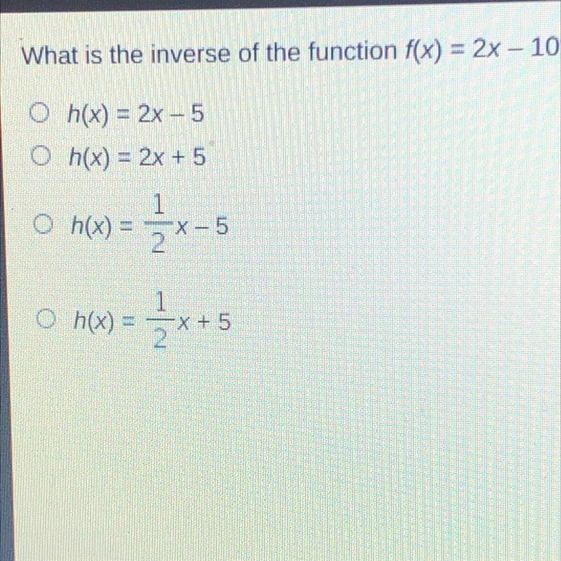 What is the inverse of the function f(x) = 2x - 10?-example-1