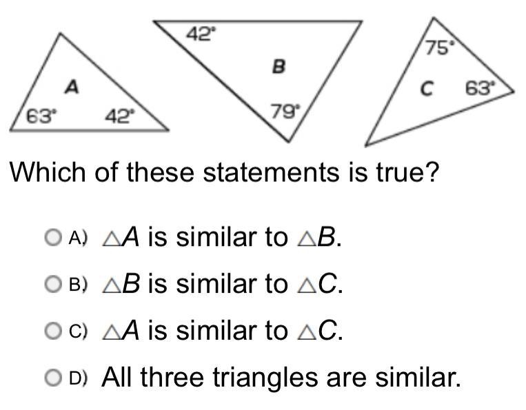 ! ! ! Angles ! ! ! (worth ten points) ~ Which of these statements are true? A.) ΔA-example-1