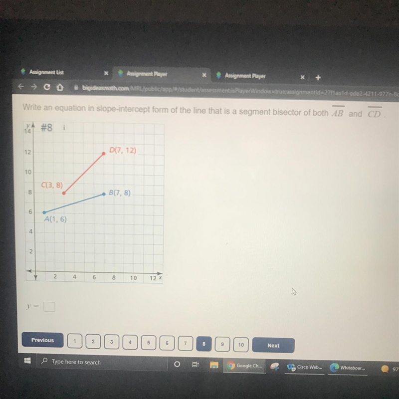 write an equation in slop intercept form of the line that is a segment bisector of-example-1