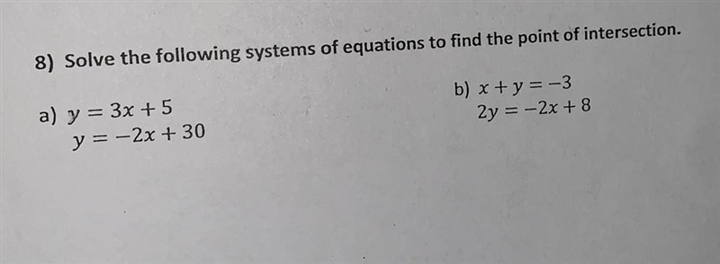 Solve the following systems of equations to find the point of intersection. a) y = 3x-example-1