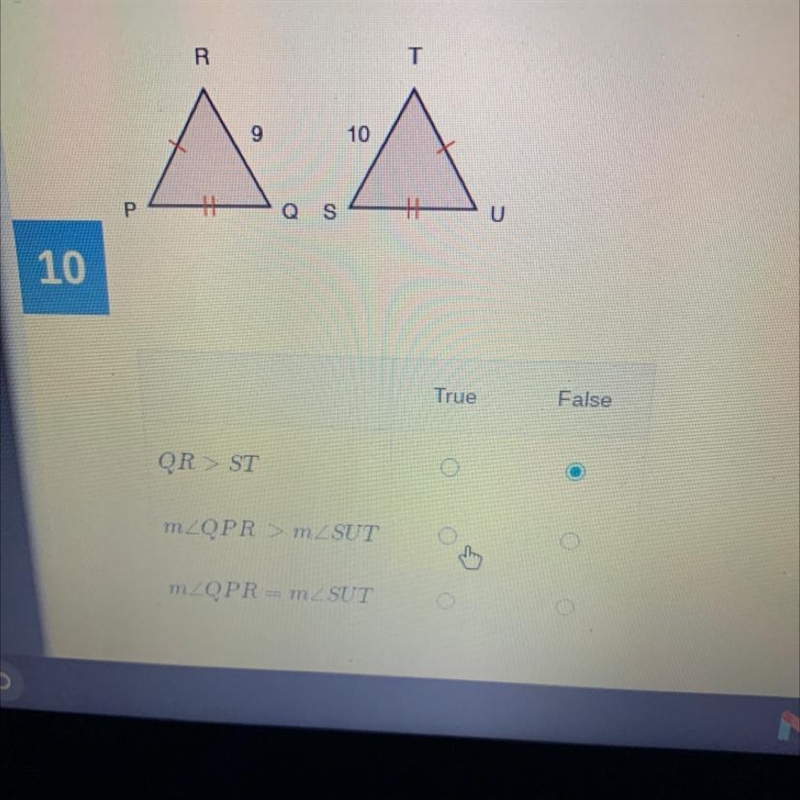 Determine whether each statement is true or false. QR > ST m m m-example-1