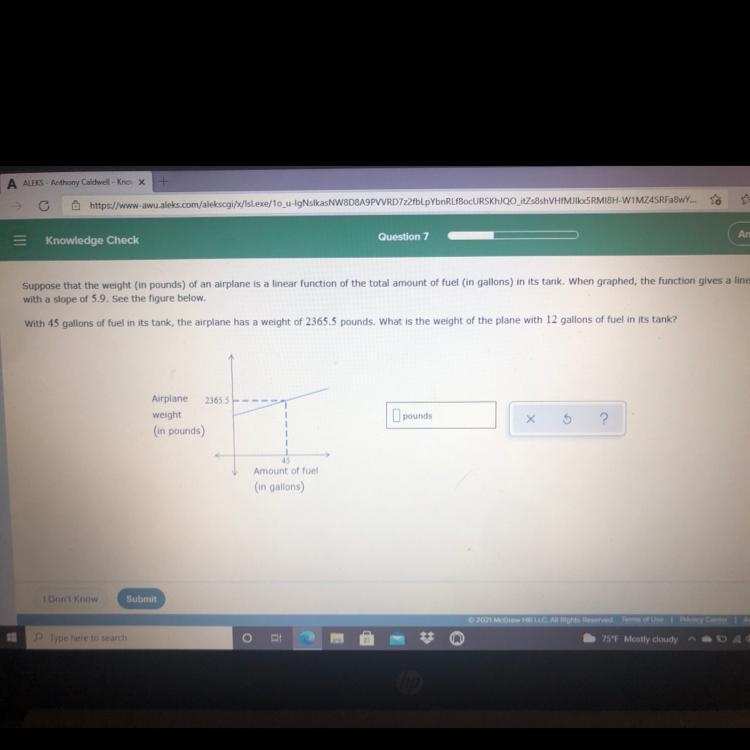 Suppose that the weight (in pounds) of an airplane is a linear function of the total-example-1