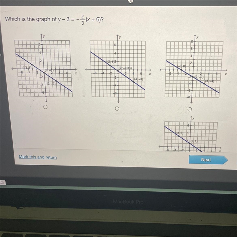 Which is the graph of y - 3 = - %-(X + 6)? HELP-example-1