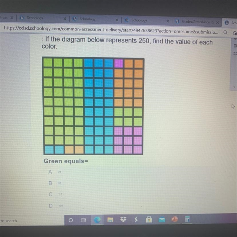 : If the diagram below represents 250, find the value of each color. Green equals-example-1